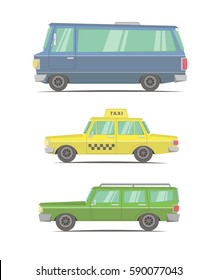 cartoon vector illustration set, cars, transport, bus, taxi, retro car