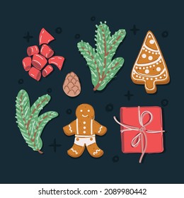 Cartoon vector illustration of Set of christmas decorations on dark backround.