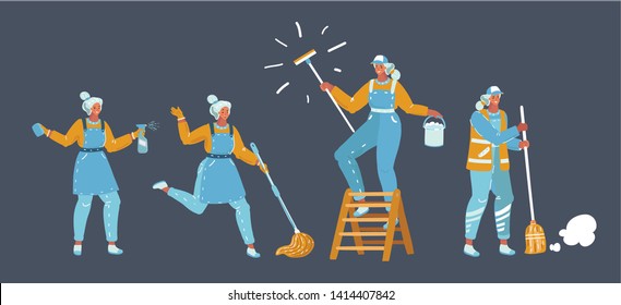 Cartoon vector illustration of Set of cleaning service woman characters. Female characters with mop and cleaning spray, broom on ladder on dark background.