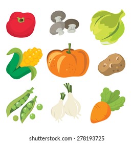 A cartoon vector illustration set collection of fresh vegetables.