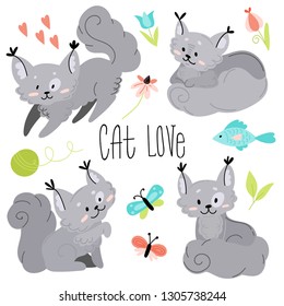 Cartoon vector illustration. Set of cute gray cats characters. Flowers, hearts, butterflies