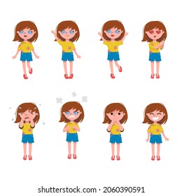 Cartoon vector illustration set of cute little girl face emotions and expressions. Kid character expressing sadness, anger, happiness, surprise, shock, love. Different feelings and mood concept