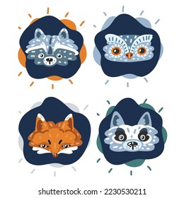 Cartoon vector illustration of Set Of Cute Cartoon Animals. Owl, raccoon, fox, wolf over dark background