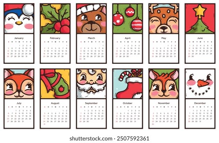 Conjunto de Ilustración vectorial de dibujos animados con lindo doodle regalo de Navidad, animales domésticos y forestales. Página de calendario mensual clásico. Feliz año Nuevo 2025. Pingüino, planta de acebo, baya, hoja, oso, bola, ciervo