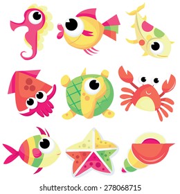 A cartoon vector illustration set of cute sea tropical sea creatures.