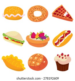 A cartoon vector illustration set of cute cafe food.