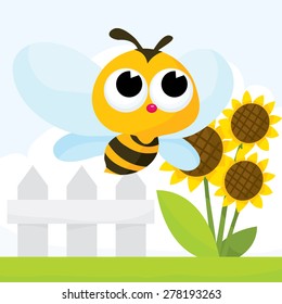 A cartoon vector illustration set of cute bee in garden