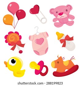 A cartoon vector illustration of set of cute baby girl elements like balloons,pins,teddy bear,rattles,onesie,milk bottle,rubber duck toy, pacifier and toy horse.