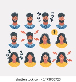 Cartoon vector illustration of set of different male and female faces icons. Female and male faces images collection on white. Laughing, falling asleep, sad, angry, scared, boredom, surprised, furious