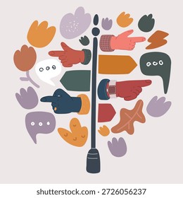 Ilustración vectorial de dibujos animados de conjunto de diferentes flechas, punteros. Puesto de punto.