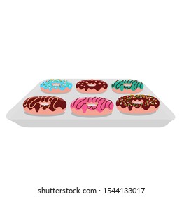 cartoon vector illustration of a set of donuts with various types of toppings, on a tray with a plain white background.