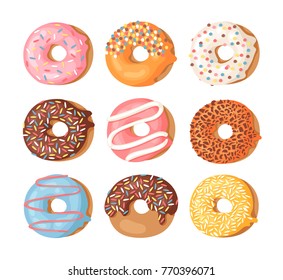 Cartoon vector illustration set of donuts. Hand drawn drawing sweet bun. Actual Creative art work bake