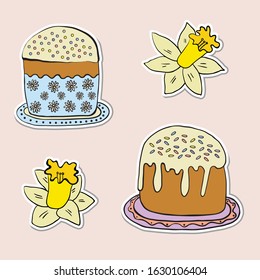 Cartoon vector illustration. Set easter stickers in doodle style isolated on white background.  Easter cake, flowers, daffodils. Cattle. Gift tags, scrapbooking elements, stickers, decoration.
