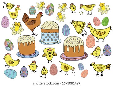 Cartoon vector illustration. Set easter stickers in doodle style isolated on white background. Easter cake, flowers, daffodils, chickens. Gift tags, scrapbooking elements, stickers, decoration.