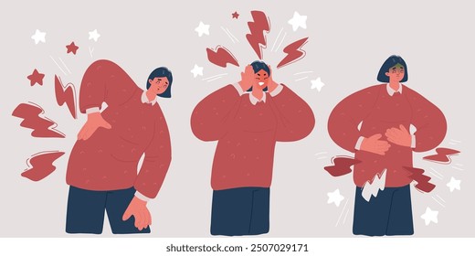 Cartoon vector illustration of Set Elderly People Suffer of Ache in Different Body Parts Back, Head, Arms and Heart. Senior Characters Feel Pain. Health Problem, Disease Symptoms and Body Sickness.