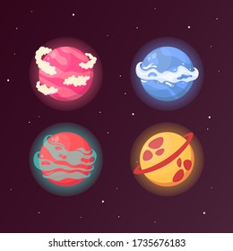 Cartoon vector illustration. A set of fantasy planets for the design of games and applications. GUI. Bright cosmic bodies, fictional planets. Planets with water, gas, craters and clouds elements.