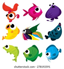 A cartoon vector illustration set of fishes from the sea.