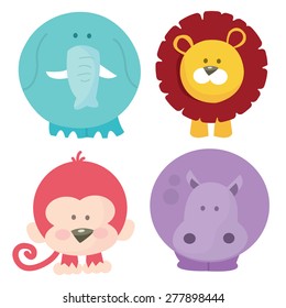 A cartoon vector illustration set of four cute safari animals like elephant, lion, monkey and hippo.