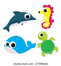 A cartoon vector illustration set of four cute cartoon sea life like dolphin, sea horse, whale and turtle.