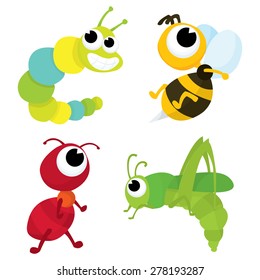 A cartoon vector illustration set of four cute bugs consists of caterpillar, bee, ant and grasshopper.