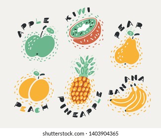 Cartoon vector illustration of set of fruin isolated on dark background. Apple, pear, pineapple, banana, kiwi, peach on dark background.