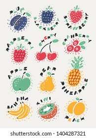 Cartoon vector illustration of set of fruit and berries on a white background. Name lettering. Plump, apple, strawberry, raspberry, cherry, cranberry, apple, pear, pineapple, banana, kiwi, peach.