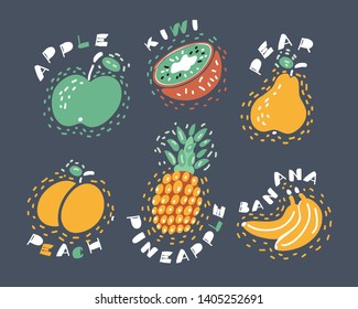 Cartoon vector illustration of set of fruit isolated on dark background. Apple, pear, pineapple, banana, kiwi, peach on dark background.