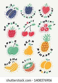 Cartoon vector illustration of set of fruit and beriies on a white background. Name lettering. Plump, apple, strawberry, raspberry, cherry, cranberry, apple, pear, pineapple, banana, kiwi, peach.