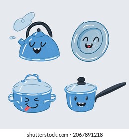 Dibujo vectorial de dibujos animados de Set of Funny Pans Smilies. Calentador, gaviota, cacerola, plato en blanco.