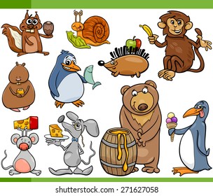 Cartoon Vector Illustration Set of Funny Animals with their Favorite Food