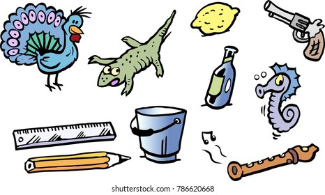 Cartoon Vector illustration of a set of funny small drawings or icons