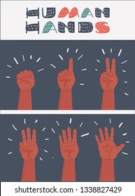 Cartoon vector illustration of Set of gestures of hands counting from zero to five isolated on dark background.