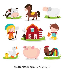 A cartoon vector illustration set of a group of happy barnyard farm animals and characters like cow, horse, sheep, farm girl, farm, farm boy, ducks, pig and rooster chicken. 