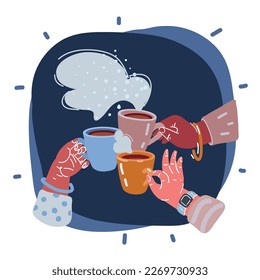 Cartoon vector illustration of cartoon set of Hands Holding Cups of coffee or tea. Funny Lovely Mug. Female and male hands.