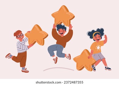 Cartoon vector illustration of Set of hold star. Boys and girl