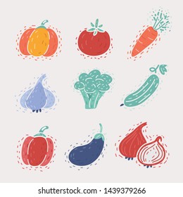 Cartoon vector illustration of set of icons of vegetables. Icons isolated on white background. Pumpkin, tomato, broccoli, carrots, garlic, cucumber, pepper, eggplant, onion