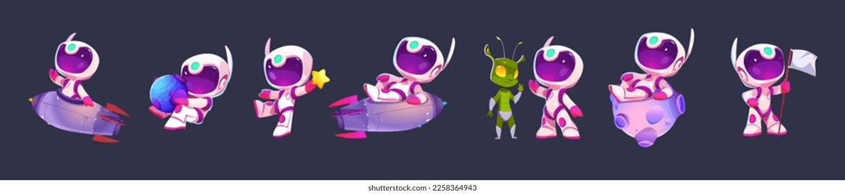 Cartoon vector illustration set of kid astronaut in space. Isolated spaceman on planet with rocket on background. Cute robot near alien holding star or white flag. Funny rpg galaxy asset design.