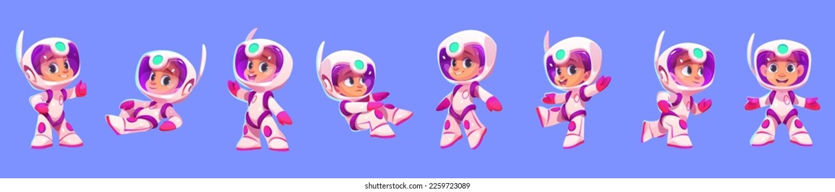 Cartoon Vektorgrafik Set von Kind-Astronaut im All. Einziger kleiner Raumfahrer mit weißem Anzug und Helm liegt, läuft oder geht auf blauem Hintergrund. Cute kosmischer Junge in verschiedenen Posen