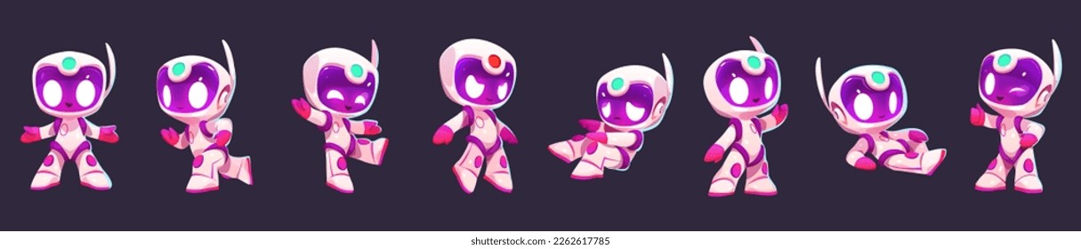 Cartoon vector illustration set of kid astronaut in space. Isolated little spaceman bot in white pink suit and helmet lie, run or go on background. Cute cosmic robot girl in various poses