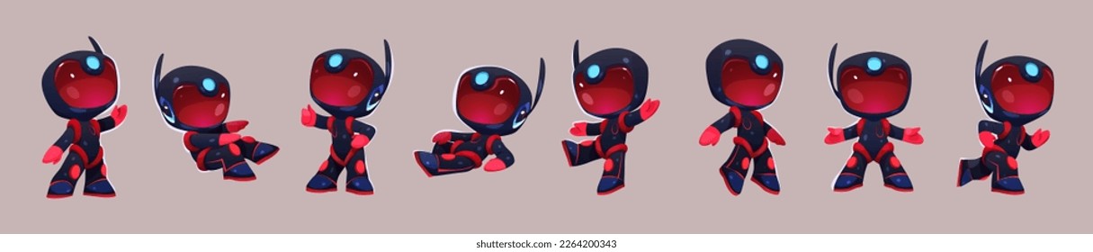 Cartoon vector illustration set of kid astronaut in space. Isolated little spaceman in black suit and helmet lie, run or go on background. Cute cosmic robot in various poses