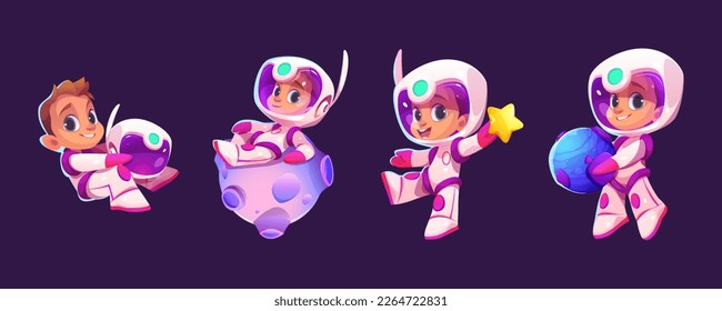 Cartoon vector illustration set of kid astronaut in space. Isolated spaceman sit on moon on dark background. Cute boy holding star, planet or helmet. Funny rpg galaxy asset design.