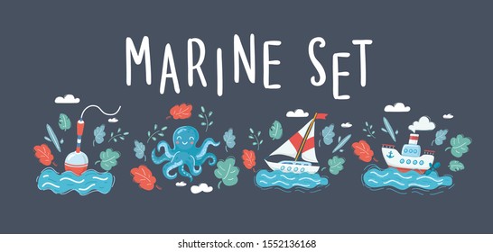 Cartoon vector illustration of Set of marine object on dark isolated background. Octopus, sailboat, steamer, float.