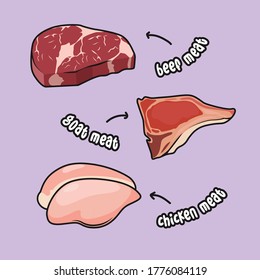 Cartoon vector illustration of set of meat fit for menu, label, collection, cooking book and assets.