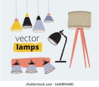 Cartoon vector illustration of set of modern lamps. Floor and table lamp. Light isolated electric interior. Tripod, Lampshade, wall and hanging models.