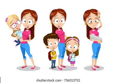 Cartoon vector illustration set of mother with children in different poses and situation. Flat style. Isolated on white background