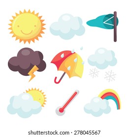 Un conjunto de ilustraciones vectoriales de nueve íconos relacionados con el clima.