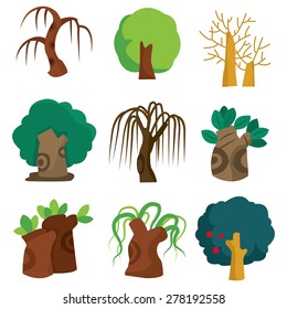 A cartoon vector illustration set of nine different trees.