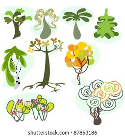 A cartoon vector illustration set of nine different trees.