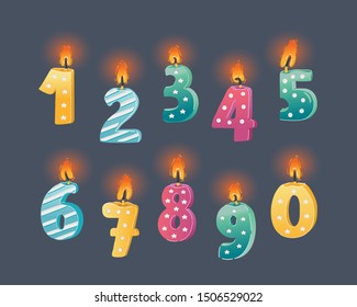 Cartoon vector illustration of set of numbers birthday burning candles in different colors on dark background. One, two, three, four, five, six, seven, eight, nine, zero.