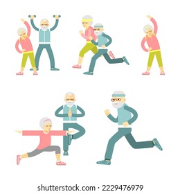 cartoon vector illustration set, old, man, woman, gymnastics, stylized, top view. perfect for backgrounds, social media, etc.